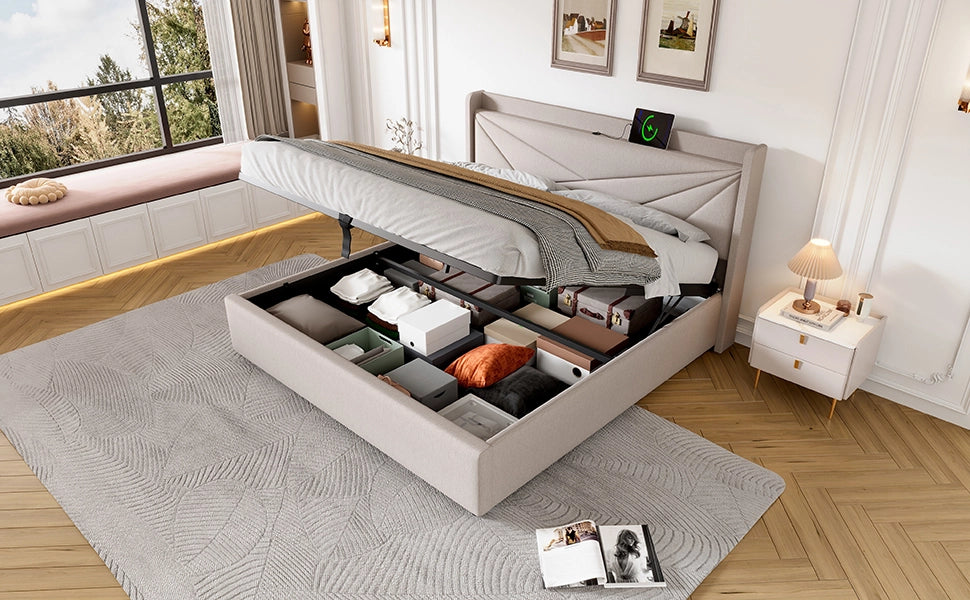 DESMIU Letto Contenitore Letto Matrimoniale con USB, Tipo C e Testiera Geometrica 140 × 200 cm Senza Materasso Beige