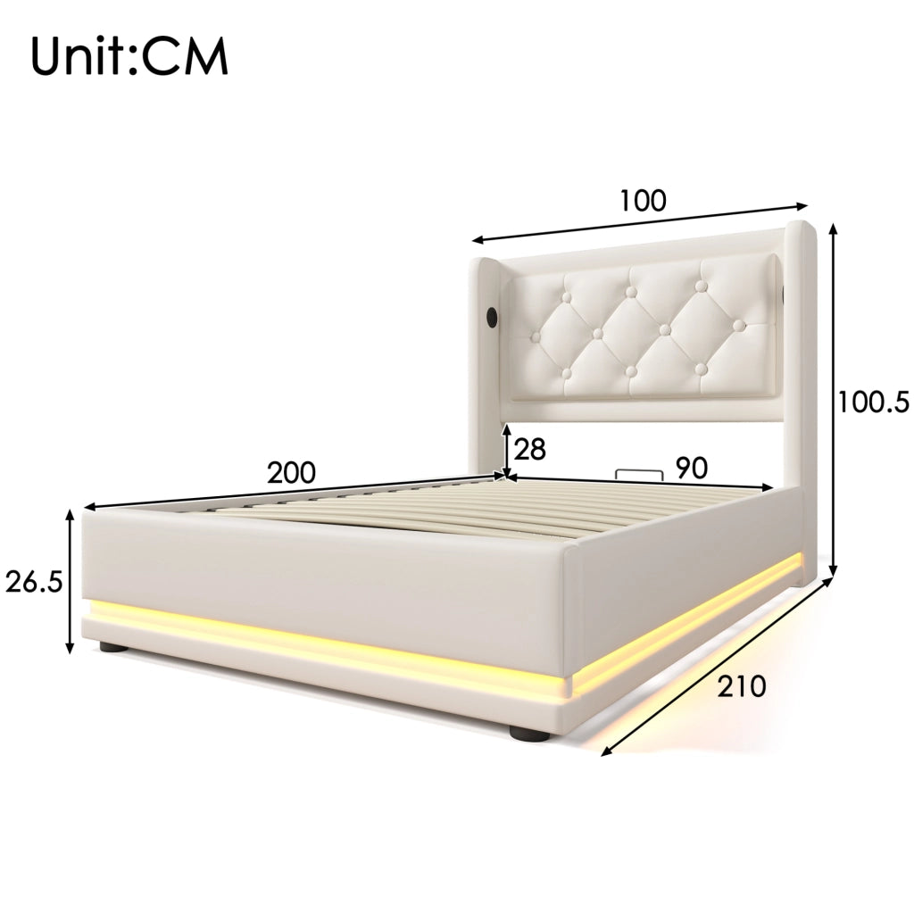 Letto imbottito 90x200 cm con materasso, contenitore e testiera con USB e LED