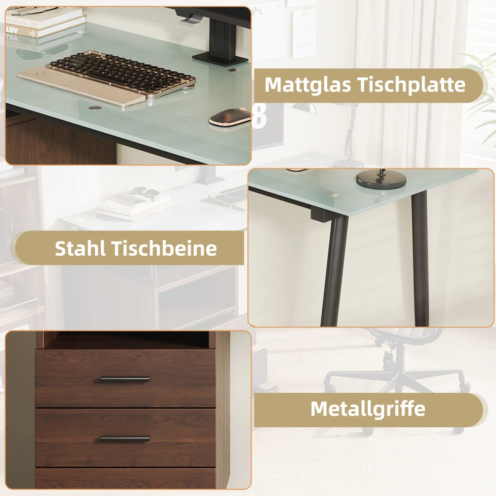 SCRIVANIA con 3 cassetti 130x50x75 cm Vetro e MDF Marrone