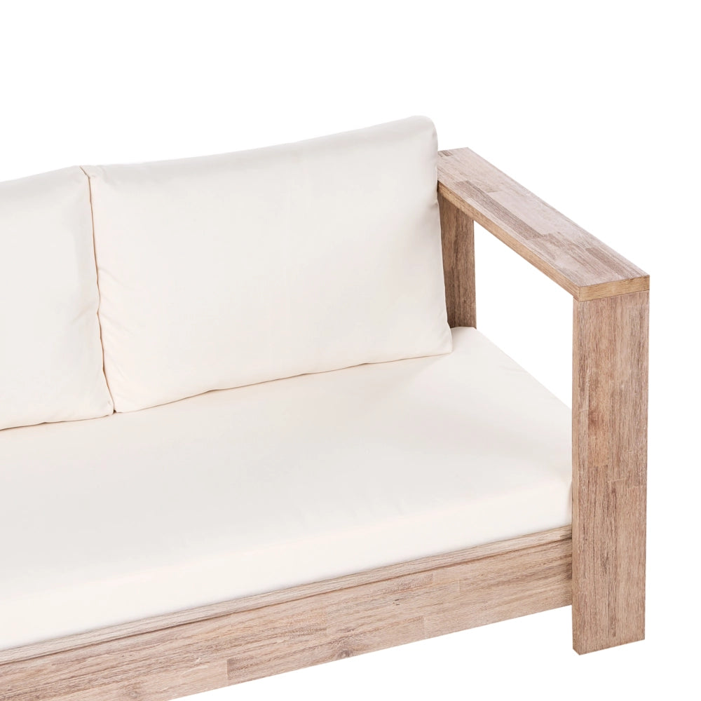 Set divano angolare da esterno in legno di acacia chiaro certificato, con cuscini bianchi set da salotto a 5 posti con disposizione a sinistra e tavolino