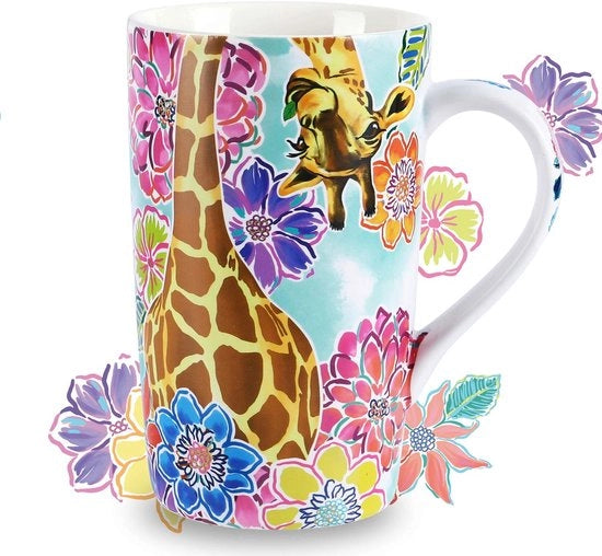 Tazza da Caffè 18oz - Ceramica - Coperchio Impermeabile - Regalo - Disegno Personalizzato - Giraffa con Fiori