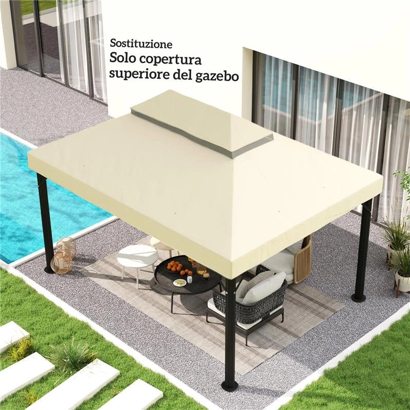 COPERTURA PER GAZEBO DA GIARDINO 3X4 M A 2 LIVELLI IN TESSUTO OXFORD 600D CON FORI DI DRENAGGIO BIANCO CREMA