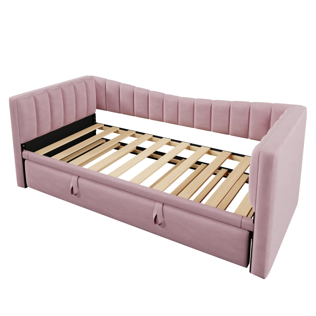 Daybed imbottito con letto estraibile 90 x 200 cm (180 x 200 cm), in velluto, rosa, senza materasso