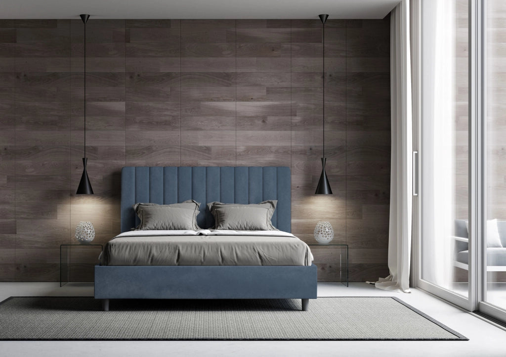 BS COM Letto matrimoniale con rete imbottito 160x190 microfibra blu