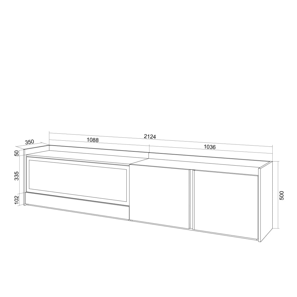 Mobile TV Soggiorno, 212x50x35 cm, Per TV fino a 80", Camino elettrico XXL, Led, Rovere e nero