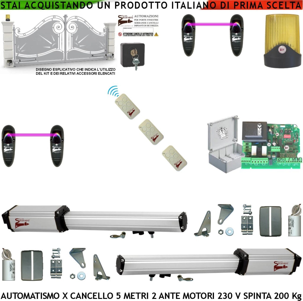 Automatismo Cancello 5 Metri 2 Ante da 2,5 MT Kit Base 2 Motori Elettromeccanici 230 V Corsa 400 mm Spinta 2 Q.li Kit Staffe 3 Radiocomandi 2 Coppie Fotocellule Faro 2 Chiavi Sblocco Cartello Monitore