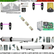 Automatismo Cancello 5 Metri 2 Ante da 2,5 MT Kit Base 2 Motori Elettromeccanici 230 V Corsa 400 mm Spinta 2 Q.li Kit Staffe 3 Radiocomandi 2 Coppie Fotocellule Faro 2 Chiavi Sblocco Cartello Monitore