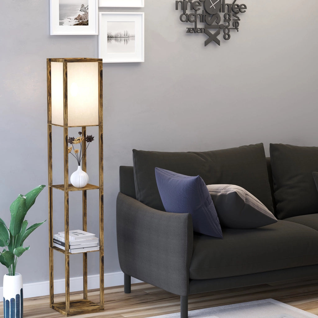Lampada da Terra Attacco E27 Potenza 40W con Mensole in MDF Colore Legno