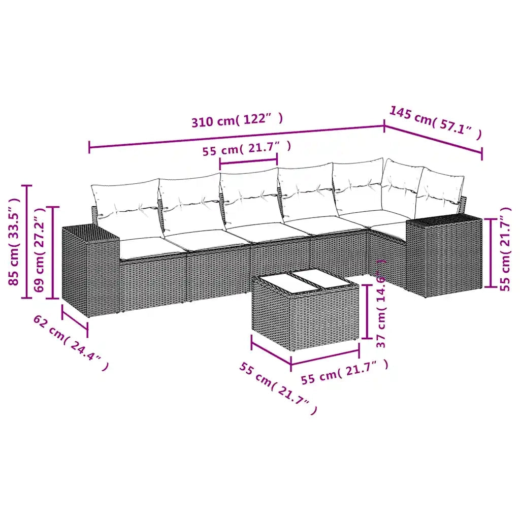 Set Divani da Giardino 7 pz con Cuscini Marrone in Polyrattan 3222602