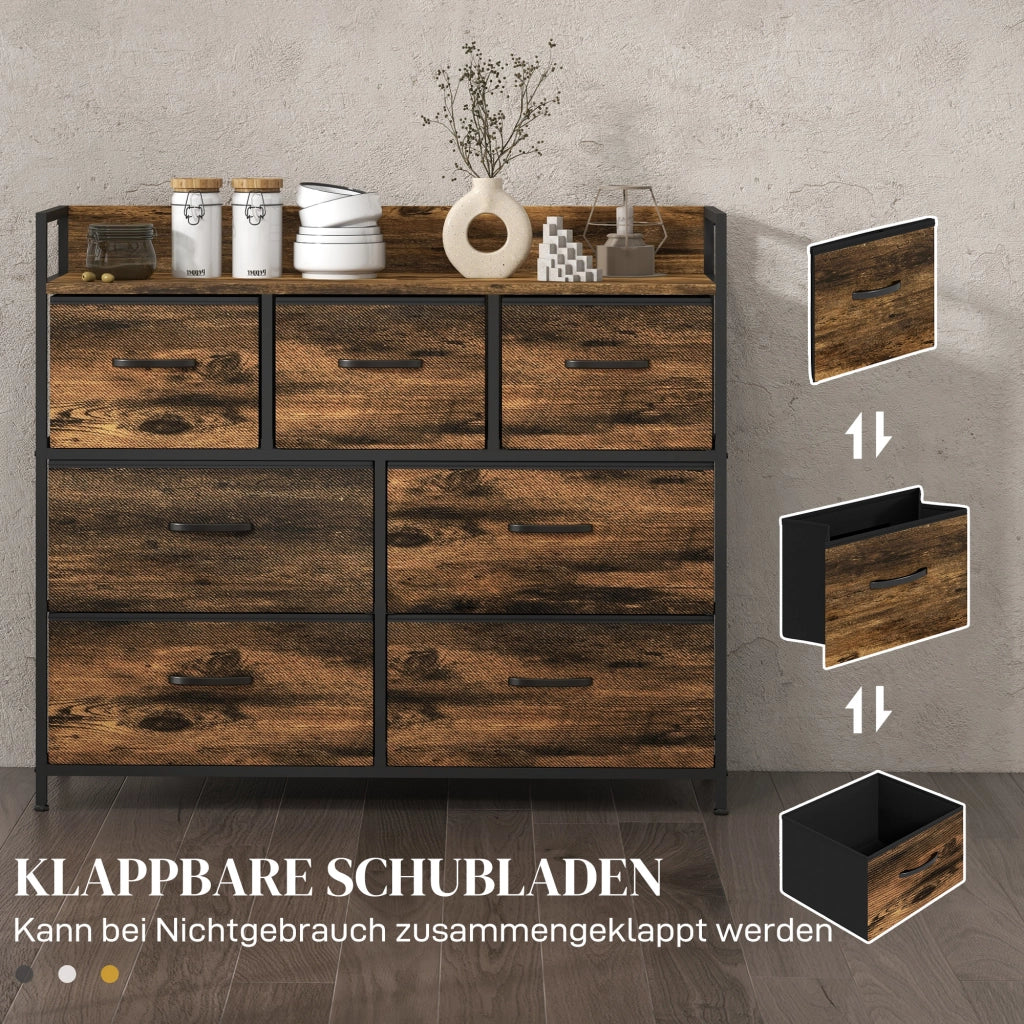 Cassettiera con 7 cassetti in tessuto, design industriale ¨C zephmum ¨C marrone/nero, 98x29x85cm
