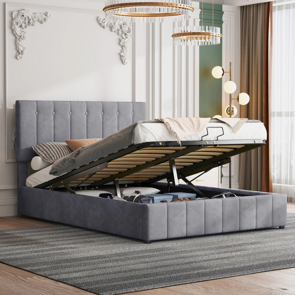 DESMIU Letto matrimoniale 140 × 200 cm con contenitore idraulico, 2 posti, senza materasso, in velluto, grigio