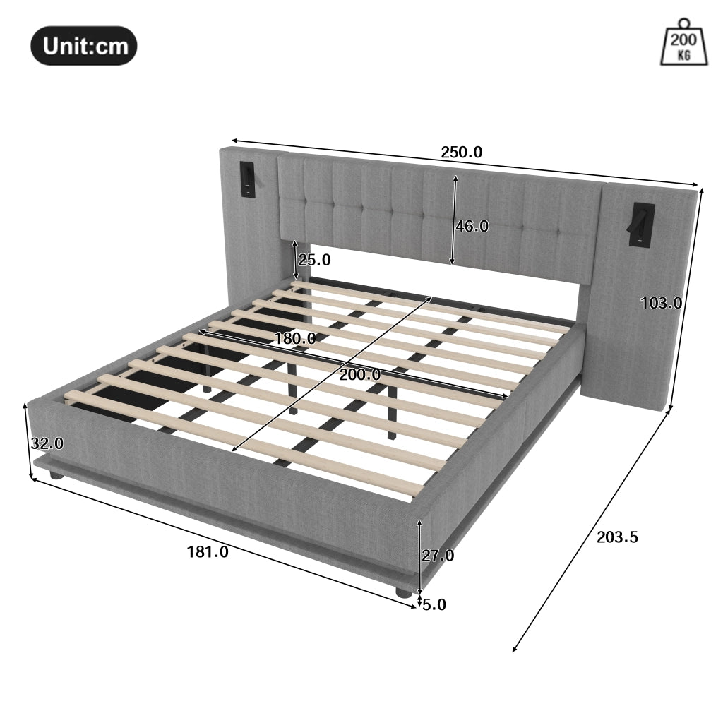 Letto imbottito 180x200 cm in lino grigio con LED, USB e luce spot, senza materasso