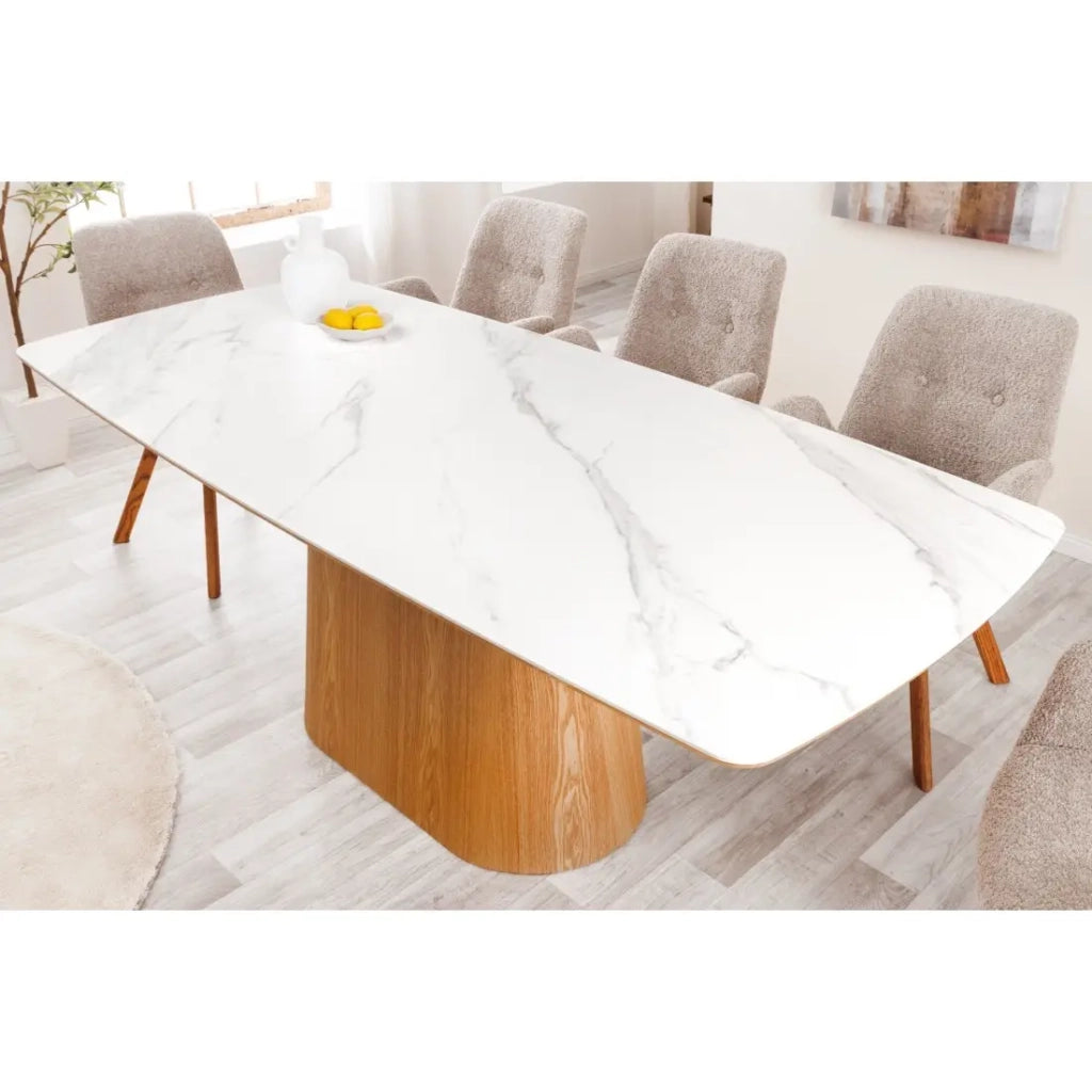 Tavolo da sala da pranzo LUMEA – Rettangolare 200 cm – Piano in ceramica effetto marmo bianco e piede aspetto legno chiaro
