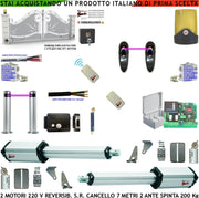 Kit Automazione Cancello da 7 Metri 2 Ante da 3,5 MT Motori Elettromeccanici 230 V Reversibili Centrale 2 Coppie Fotocellule 2 Radiocomandi Faro Serratura Paletto Selettore 2 Scatole Fusibili 2 Cavi