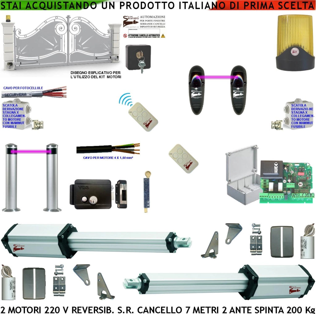Kit Automazione Cancello da 7 Metri 2 Ante da 3,5 MT Motori Elettromeccanici 230 V Reversibili Centrale 2 Coppie Fotocellule 2 Radiocomandi Faro Serratura Paletto Selettore 2 Scatole Fusibili 2 Cavi