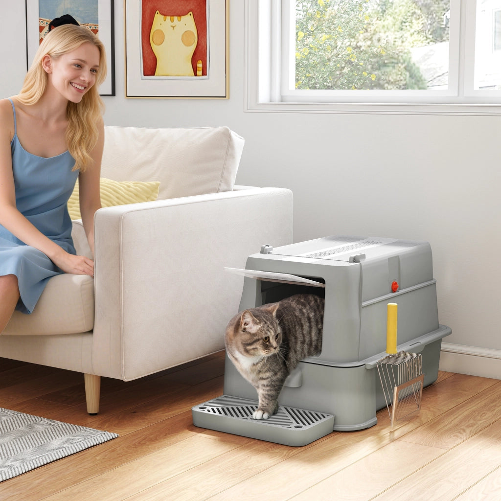 Lettiera per Gatti XL ¨C Xylo ¨C Acciaio Inox con Coperchio Ribaltabile 180¡ã Pareti Alte Grigio Chiaro