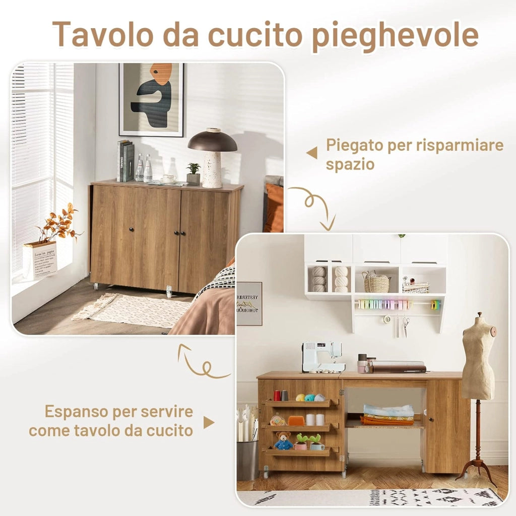 Tavolo Pieghevole da Cucito, Tavolo Versatile a Ribalta con Superficie Ampia, Scrivania per Computer con Ruote Bloccabili, Ideale per Salone Camera da Letto Studio (Naturale)