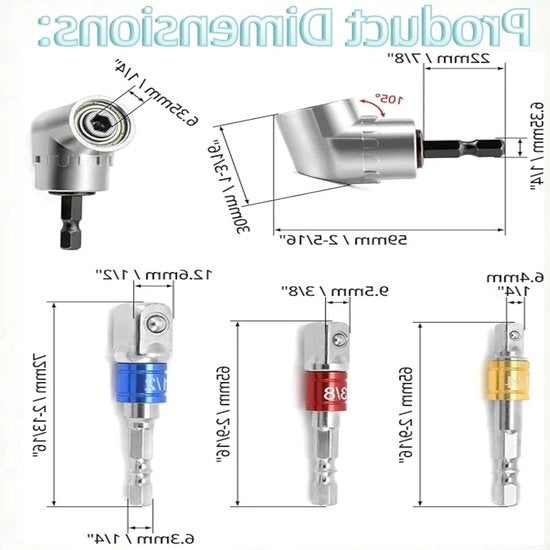 Set di foratura con 105° inclinatore a vite e estensione flessibile - Orecchietta magnetica per socket - 3 adattatori a 6 facce - Per foratura - 1/4 pollici 1/2 pollici 3/8 pollici.