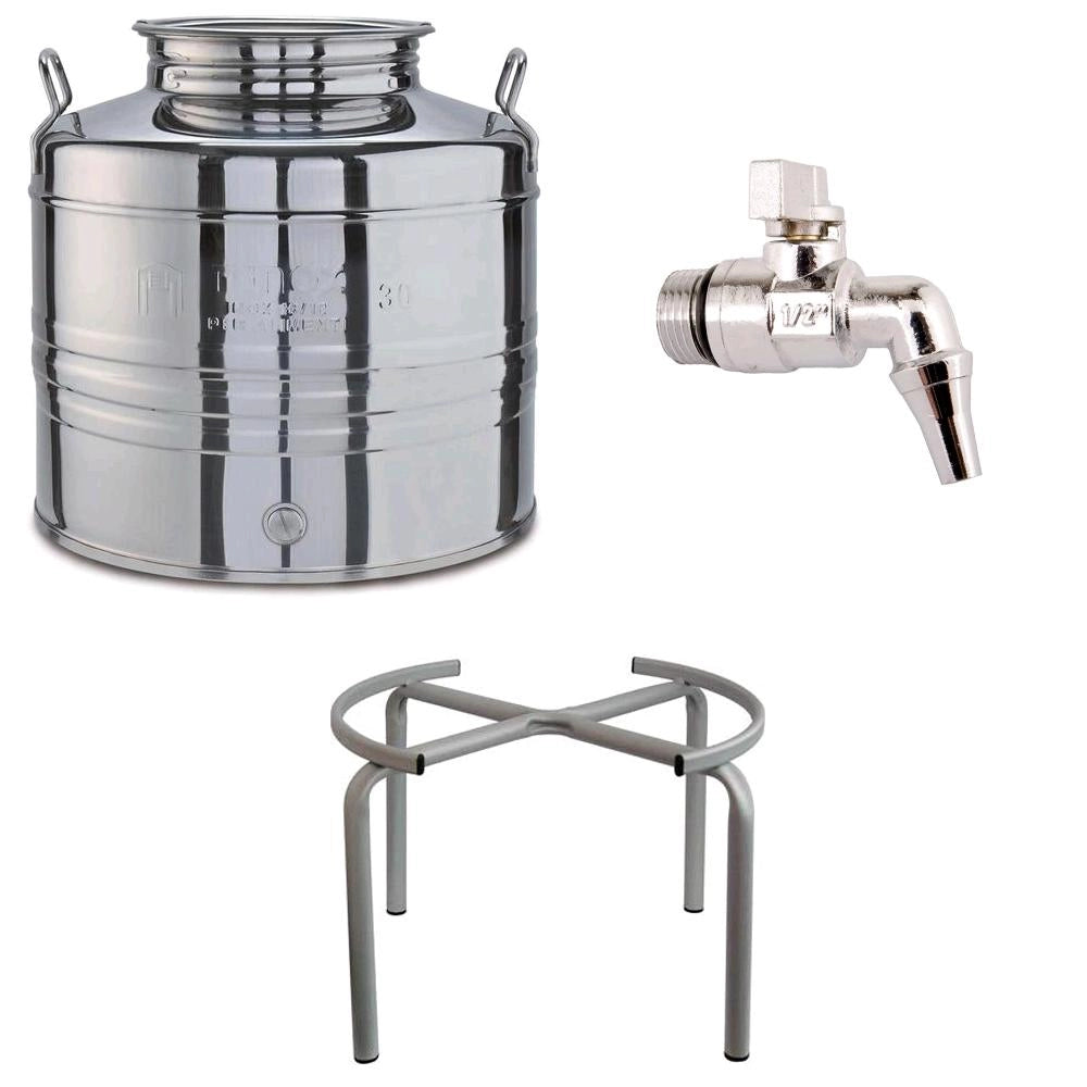 Contenitore Bidone Fusto In Acciaio Inox per Olio 30 Litri con Rubinetto e Supporto Portafusto