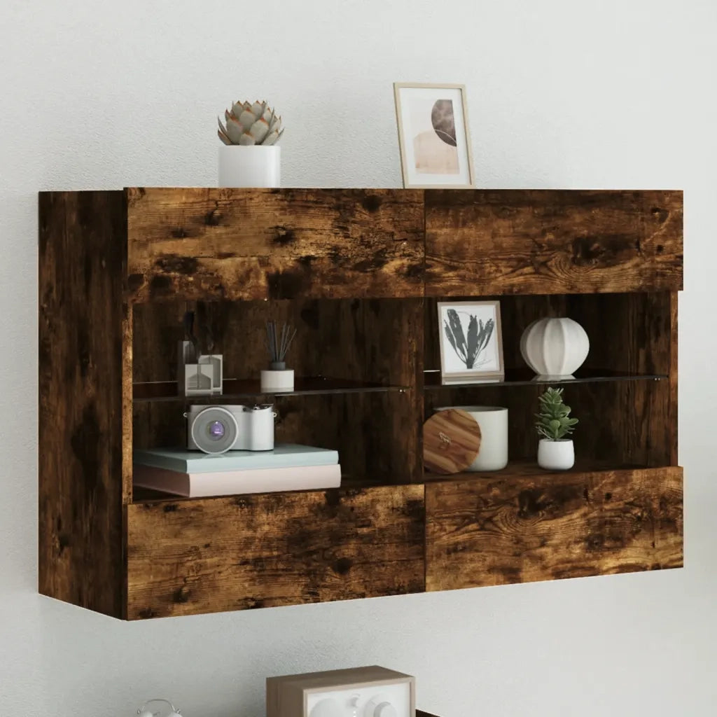 Mobile TV a Parete con Luci LED Rovere Fumo 98,5x30x60,5 cm 837110