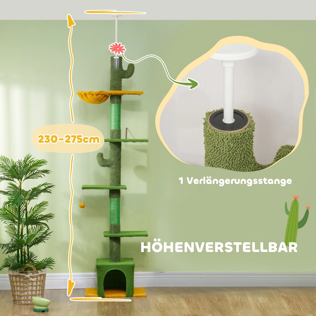 Tiragraffi a soffitto, 230-275 cm, con cuccia, pali per graffiare, pallina da gioco, mobile per gatti con dispositivo antiribaltamento, verde