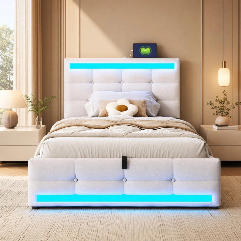 LETTO Imbottito LED 90x200 cm Beige con 2 porte USB