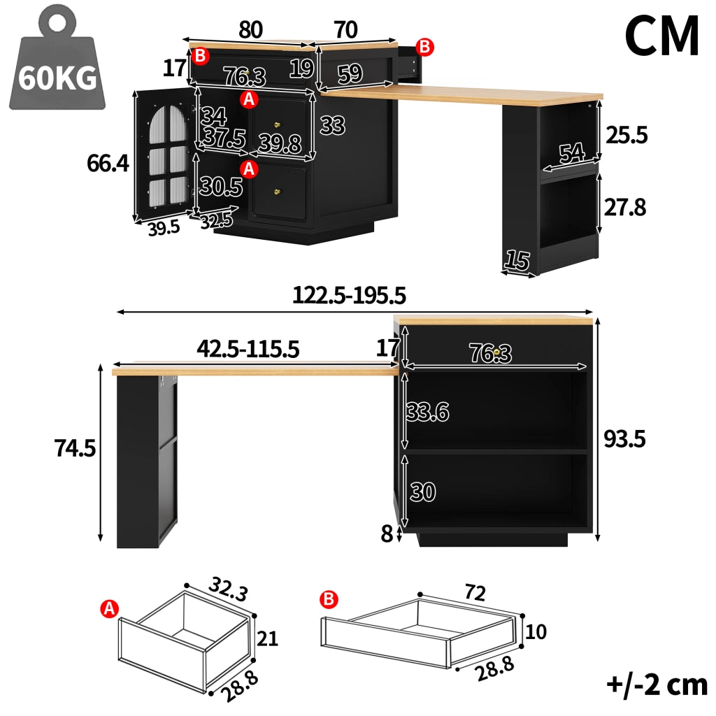 Mobile contenitore da cucina allungabile con 4 cassetti, ripiani e LED RGB, per cucina e sala da pranzo, in MDF, nero