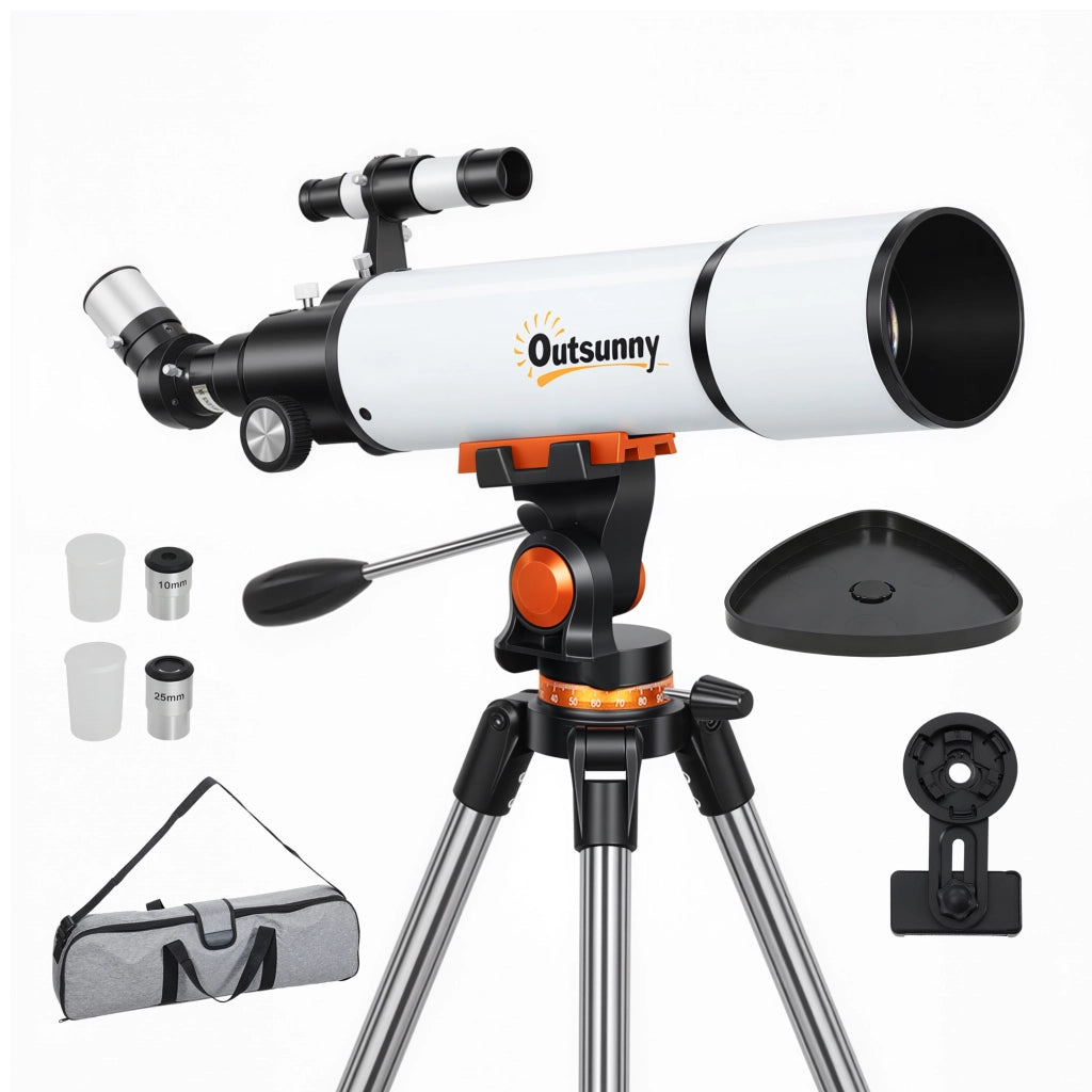 Telescopio Astronomico 80mm con Montatura AZ, 2 Lenti Oculari e Adattatore Smartphone, 92x92x130 cm, Bianco e Nero