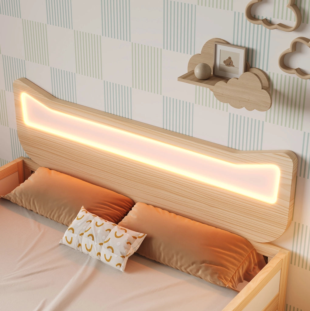 Letto per bambini con testiera a forma di gatto, LED RGB e contenitore