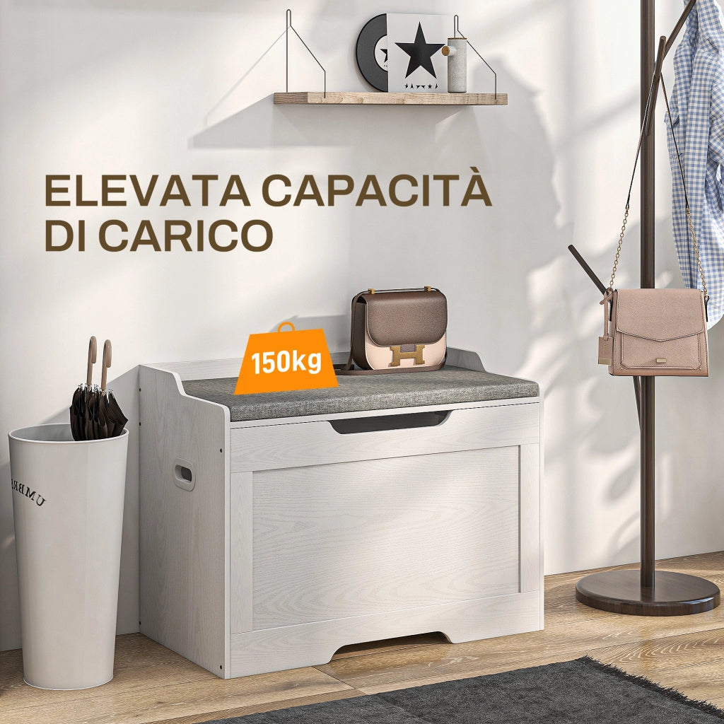 Panca Contenitore da 103L Multifunzione in Legno con Cuscino in Tessuto, 75x40x56cm, Bianco