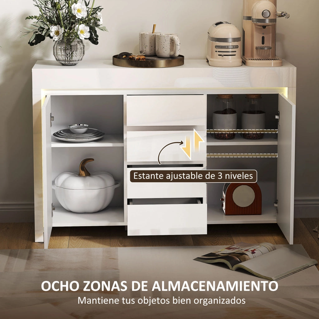 Cassettiera con Luci LED e Chiusura Morbida ¨C Minimal ¨C 120x34x80cm Bianco Lucido