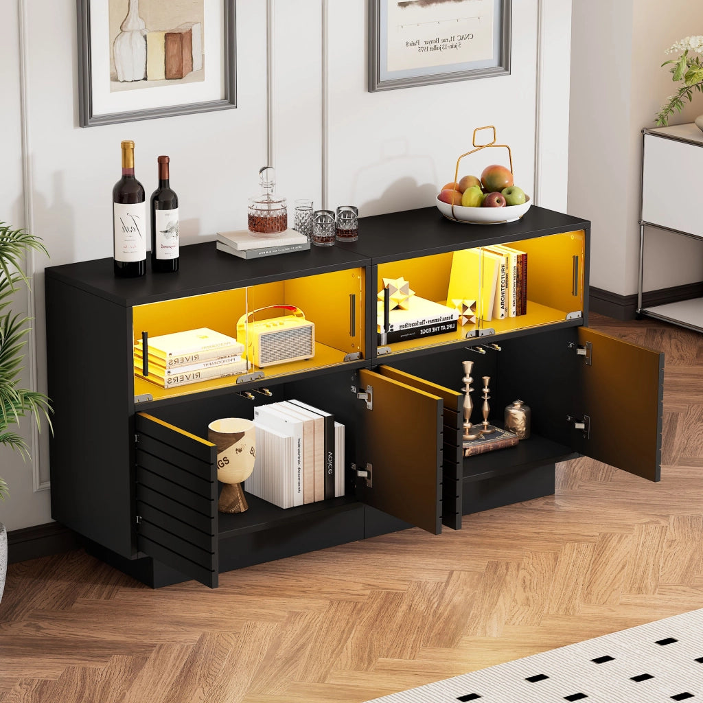 Credenza moderna con LED - Zephmum- 130x35x68cm- 2 ante, 4 ripiani, porte in vetro