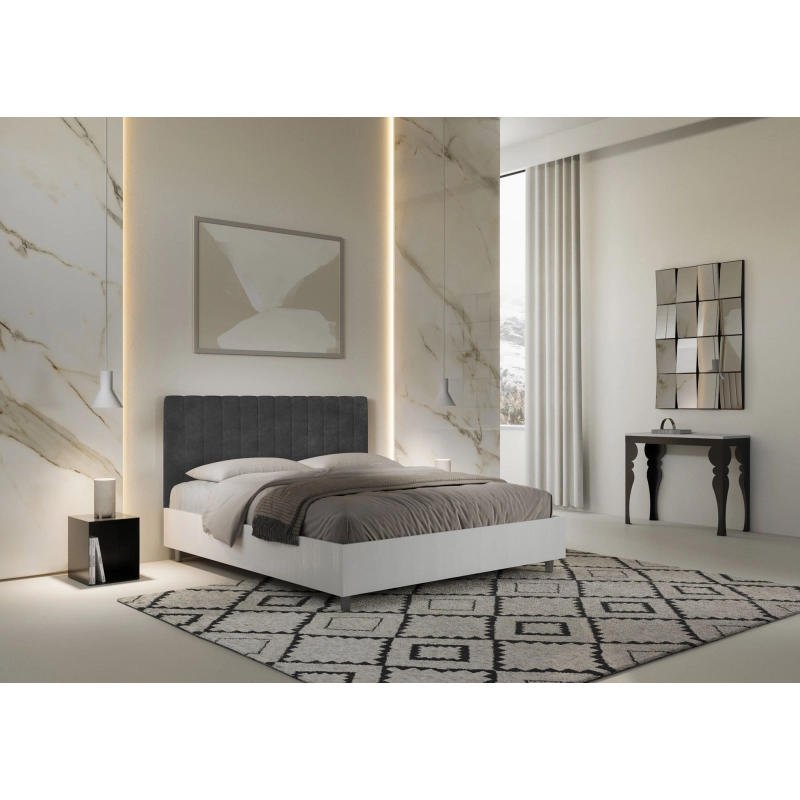 Letto Matrimoniale 160x200 cm struttura bianco frassino testata Kaia - Con rete,Microfibra,Grigio