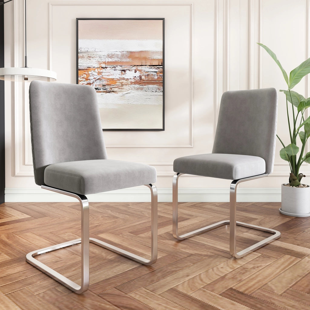Set di 2 sedie da pranzo con schienale trapuntato e seduta confortevole in velluto grigio con gambe argento