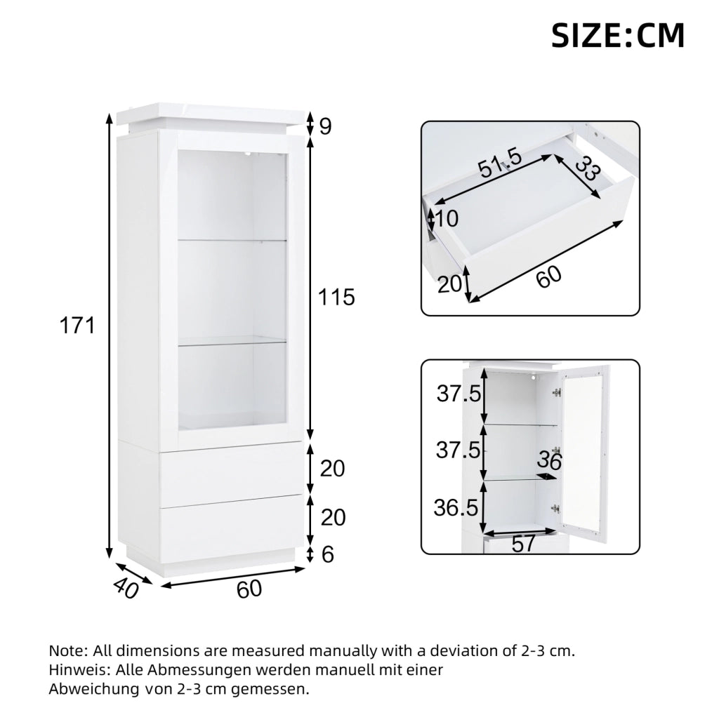 Vetrina alta 60x40x171 cm con 2 cassetti e luce LED; in truciolare bianco