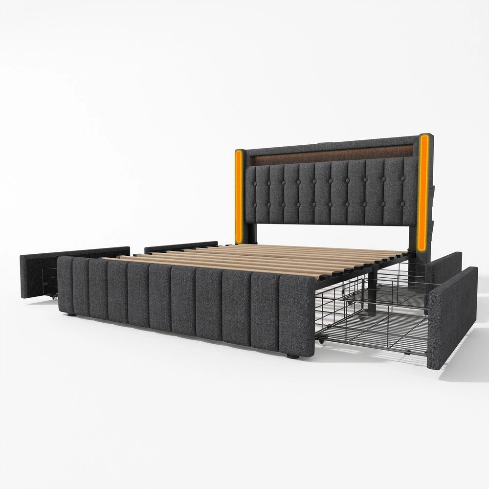 Letto Imbottito con LED, USB e 4 Cassetti ¨C MINIMAL ¨C Grigio 160x200 cm