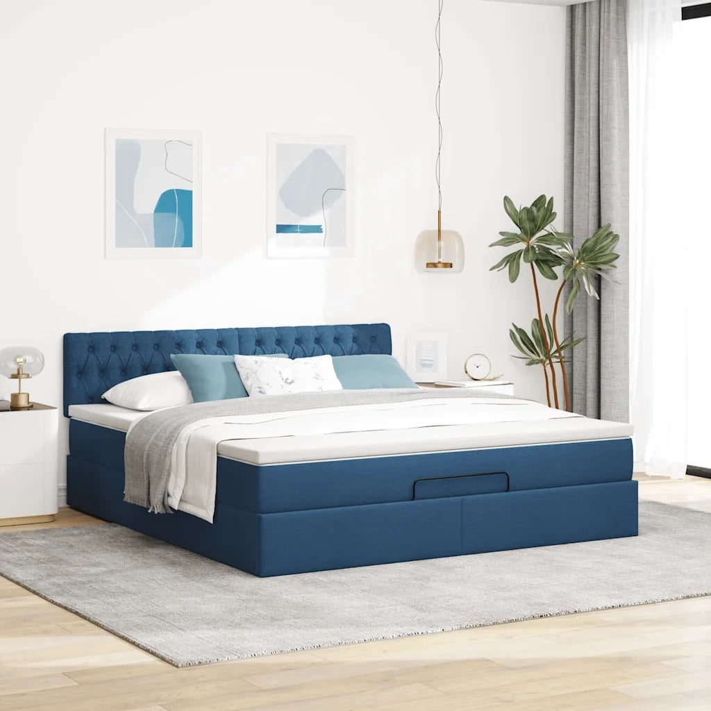 Struttura Letto Pouf con Materasso Blu 160x200 cm in Tessuto 3312408