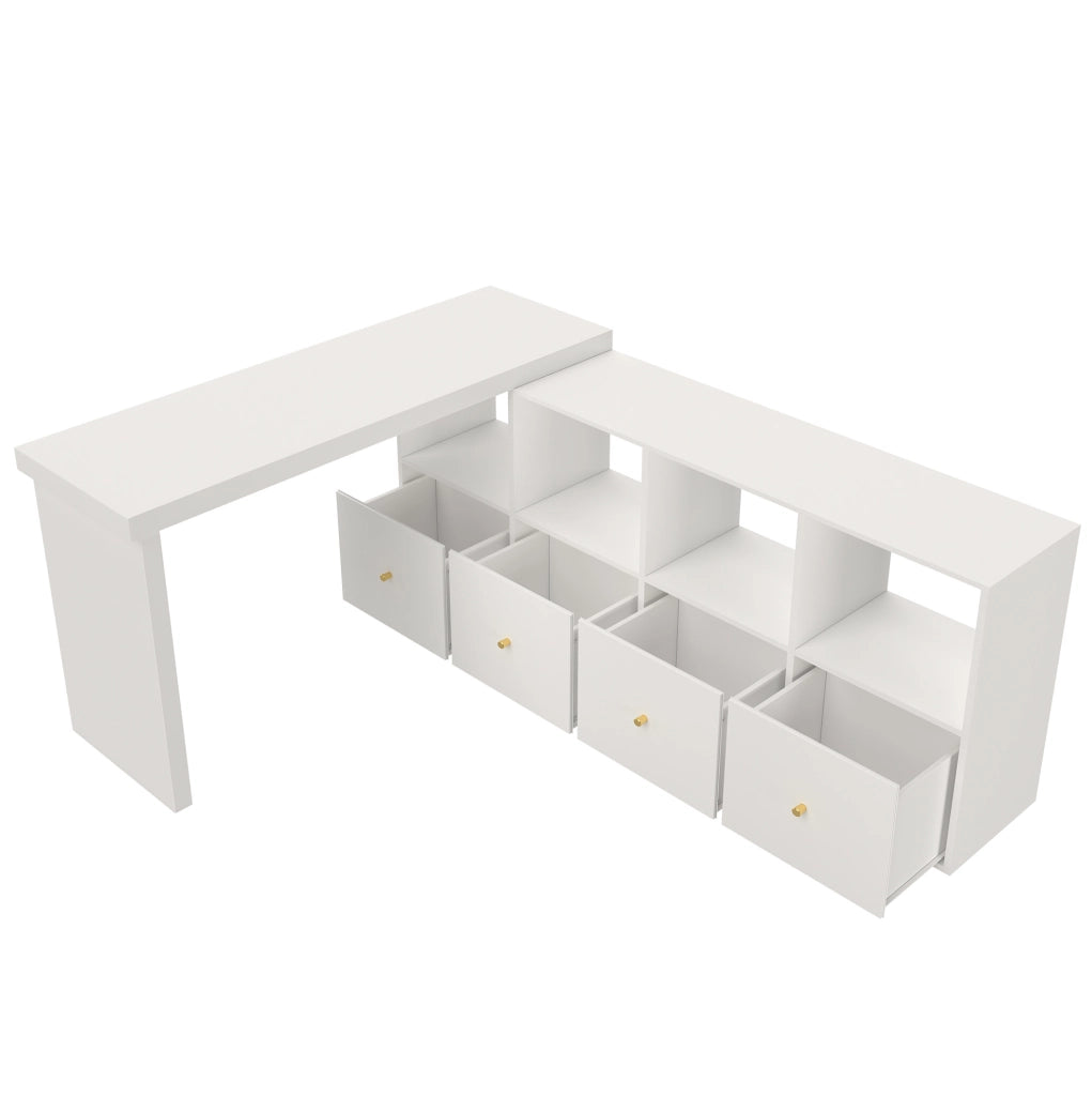 Scrivania angolare girevole 360° con 8 vani e 4 cassetti; 120x48x78 cm + 140x35x74 cm; MDF bianco