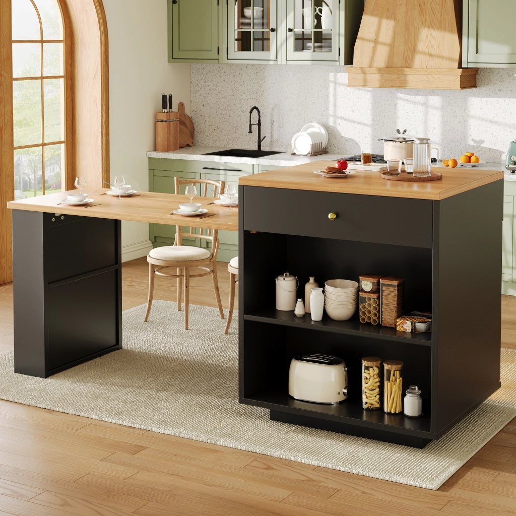Mobile contenitore da cucina allungabile con 4 cassetti, ripiani e LED RGB, per cucina e sala da pranzo, in MDF, nero