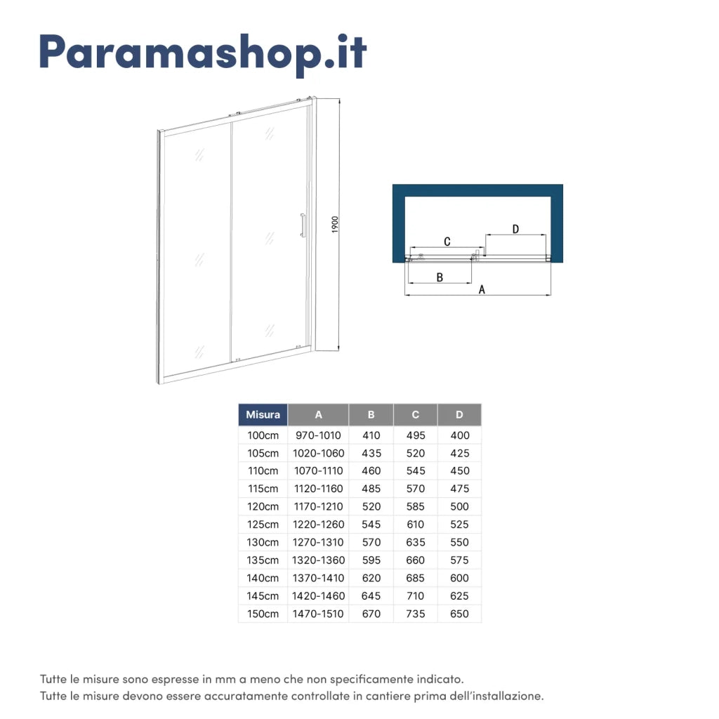 Porta doccia 145 cm scorrevole reversibile vetro 6mm trasparente h190 | Sicily