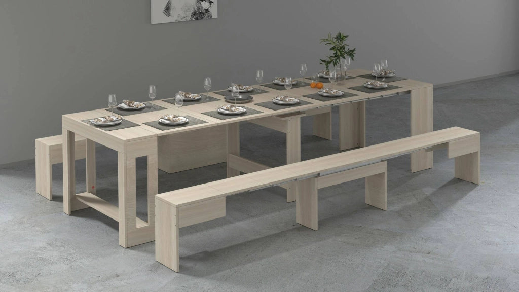 Set tavolo e sedie Auditore, Composizione multiuso, Set con consolle e 2 panche allungabili, 100% Made in Italy, 66x25h45 cm, Olmo