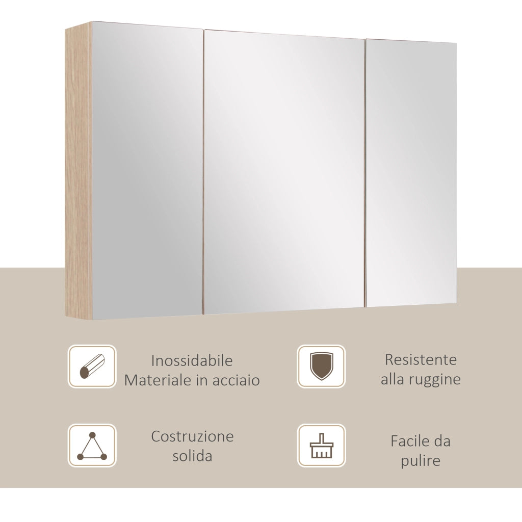 Specchio Bagno Contenitore con 3 Ante a Specchio Soft Close, Specchiera Bagno con Ripiani Regolabili in Legno e Vetro, 90x13.5x60 cm, Color Legno