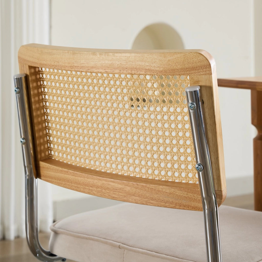 Set di 2 sedie da pranzo in stile Mid-Century Modern, sedie con rivestimento in velluto, schienale in canna naturale e base in acciaio inox cromato, f