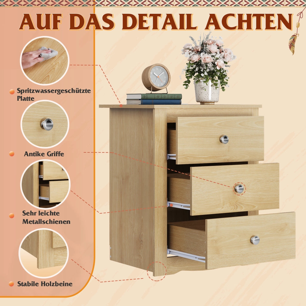 Comodino con 3 Cassetti e Prese USB ¨C Minimal ¨C Legno, Grigio, 40x40x50 cm