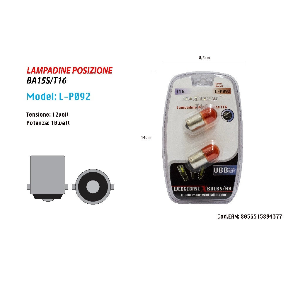 Trade Shop - Lampadine Di Posizione Ba15s T16 12v - 10 Watt Lampadine Luminose Ricambio Auto -