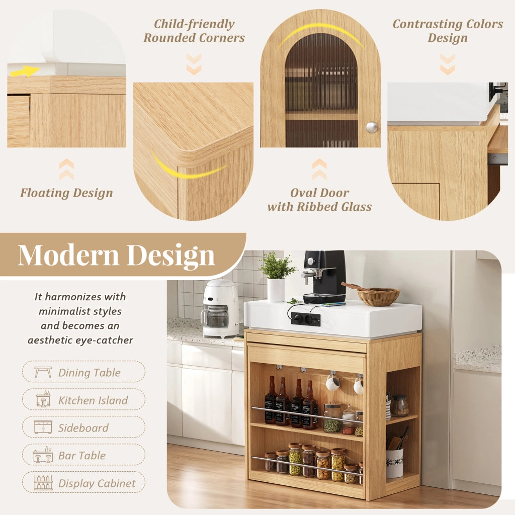 Carrello da Cucina con 1 Cassetto; Ripiani Regolabili; Piano Pieghevole e Prese; in MDF e Vetro; 83x46x96 cm; Naturale