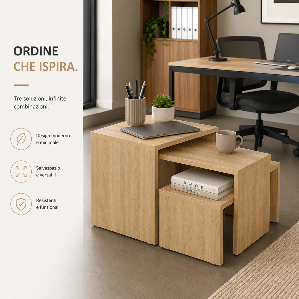 Tavolino Caffe Divano Salotto Rettangolare 3Pz Moderno Legno Colore Quercia