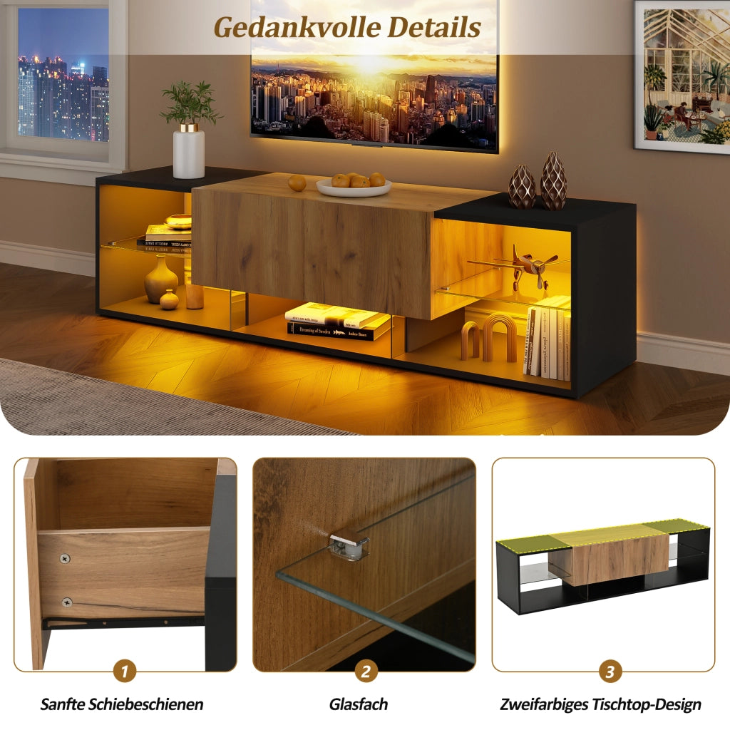 MOBILE TV con LED 160x40x42 cm Nero e effetto legno con 2 cassetti