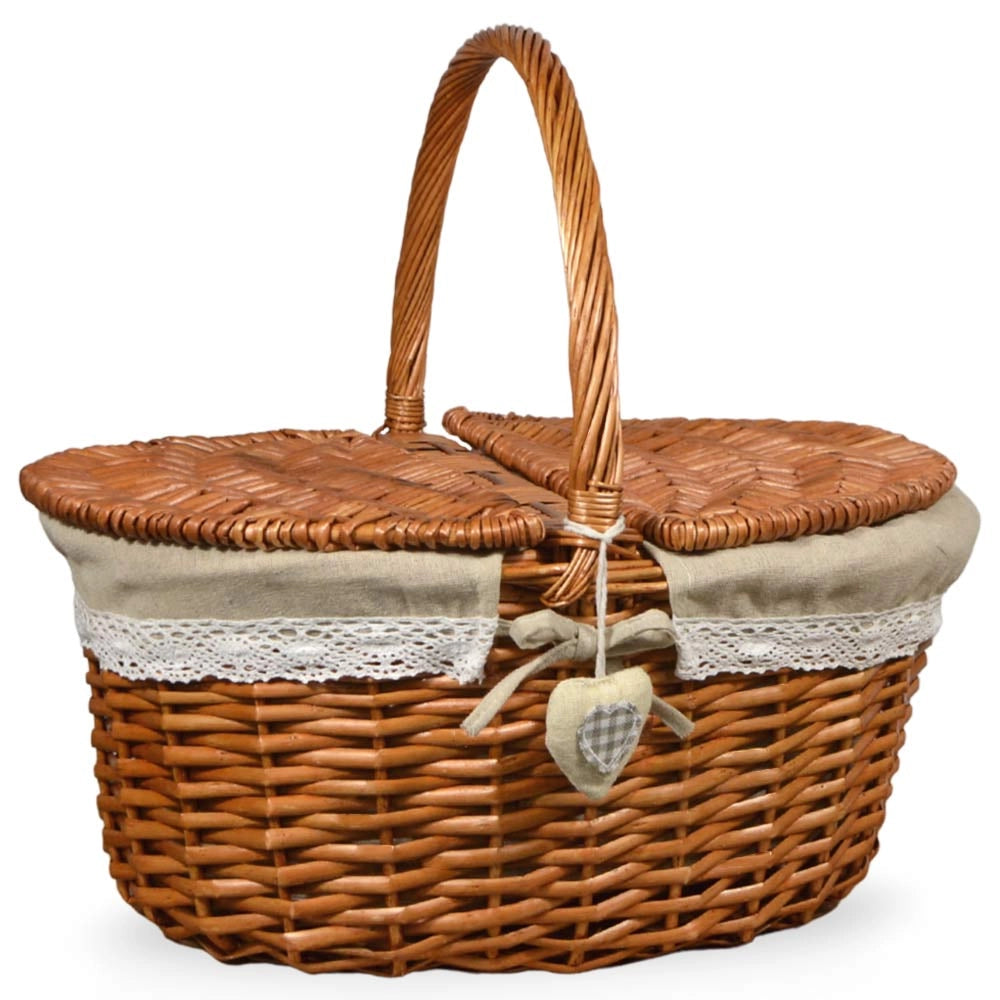 Cesto Picnic Cuore grande in Vimini e Juta con coperchio cm 45 x 35 x h 21