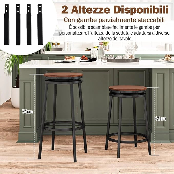 Set di 2 Sgabelli Girevoli e Regolabili in Altezza, Sgabelli da Bar in Metallo e MDF con Poggiapiedi, Mobile per Isola della Cucina, Sala da Pranzo e Salotto, Marrone e Nero